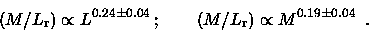 \begin{displaymath}{(M/L_{\rm r})}\propto L^{0.24\pm0.04} \, ; \quad \quad
{(M/L_{\rm r})}\propto M^{0.19\pm0.04}
\enspace .
\end{displaymath}