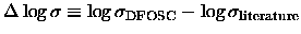 $\Delta \log \sigma \equiv
\log \sigma_{\rm DFOSC} - \log \sigma_{\rm literature}$