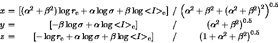 \begin{displaymath}\arraycolsep=2pt %
\begin{array}{ccccc}
x & = &
\left[ (\alph...
...+ {{\alpha }^2} + {{\beta }^2} \right) }^{0.5}}
\\
\end{array}\end{displaymath}