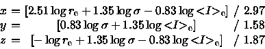 \begin{displaymath}\arraycolsep=2pt %
\begin{array}{ccccc}
x & = &
\left[ 2.51 \...
...pt} I \hspace{-3pt}>_{\rm e}}\right]
& / &
1.87
\\
\end{array}\end{displaymath}