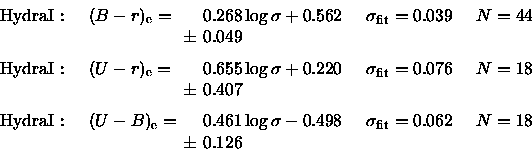 \begin{displaymath}\arraycolsep=2pt %
\begin{array}{lllllll}
{\rm HydraI} & : & ...
...}=0.062 \quad & N=18 \\
& & & \pm & 0.126 & & \\
\end{array}\end{displaymath}