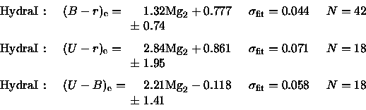 \begin{displaymath}\arraycolsep=2pt %
\begin{array}{lllllll}
{\rm HydraI} & : & ...
...}}=0.058 \quad & N=18 \\
& & & \pm & 1.41 & & \\
\end{array}\end{displaymath}