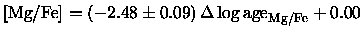 ${{\rm [Mg/Fe]}}= (-2.48 \pm 0.09) \,{\Delta \log {\rm age}_{\rm Mg/Fe}}+ 0.00$