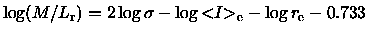 ${\log(M/L_{\rm r})}= 2 \log \sigma - \log {< \hspace{-3pt} I \hspace{-3pt}>_{\rm e}}- \log {r_{\rm e}}- 0.733$