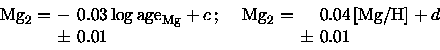 \begin{displaymath}\arraycolsep=2pt %
\begin{array}{llllll}
{ {\rm Mg}_2}= & - &...
...rm [Mg/H]}}+ d \\
& \pm & 0.01 & & \pm & 0.01 \\
\end{array}\end{displaymath}