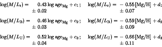 \begin{displaymath}\arraycolsep=2pt %
\begin{array}{llllll}
{\log(M/L_{\rm r})}=...
... [Mg/H]}}+ d_3 \\
& \pm & 0.04 & & \pm & 0.11 \\
\end{array}\end{displaymath}