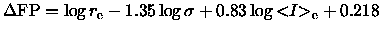 ${\Delta{\rm FP}}= \log {r_{\rm e}}- 1.35 \log \sigma + 0.83 \log {< \hspace{-3pt} I \hspace{-3pt}>_{\rm e}}+ 0.218$