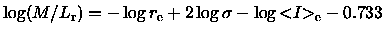 ${\log(M/L_{\rm r})}= -\log {r_{\rm e}}+ 2 \log \sigma -\log {< \hspace{-3pt} I \hspace{-3pt}>_{\rm e}}-0.733$